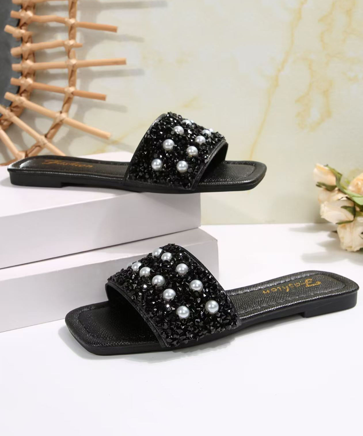 French Nail Bead Splicing Black Faux Leather Slide Sandals