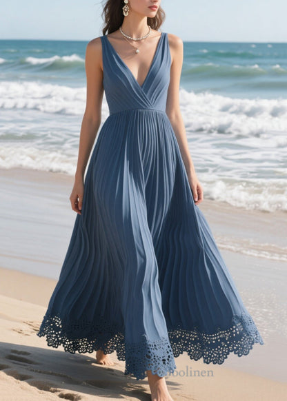 French Navy Lace Patchwork Wrinkled Vacation Dress Summer