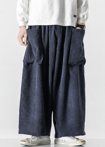 French Navy Lace Up Pockets Elastic Waist Corduroy Crop Pants