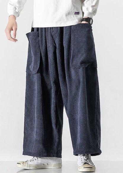 French Navy Lace Up Pockets Elastic Waist Corduroy Crop Pants