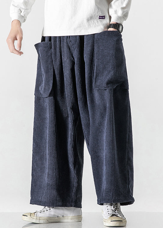 French Navy Lace Up Pockets Elastic Waist Corduroy Crop Pants