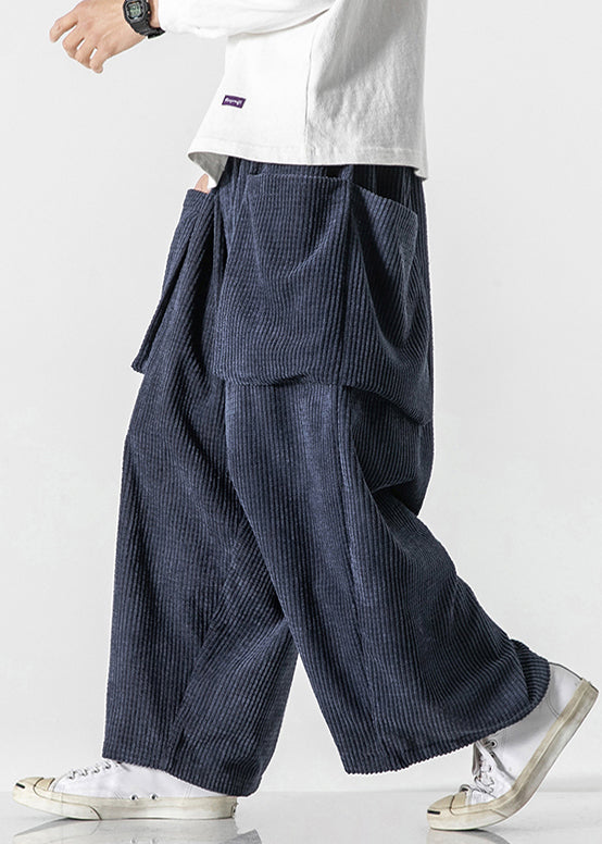 French Navy Lace Up Pockets Elastic Waist Corduroy Crop Pants