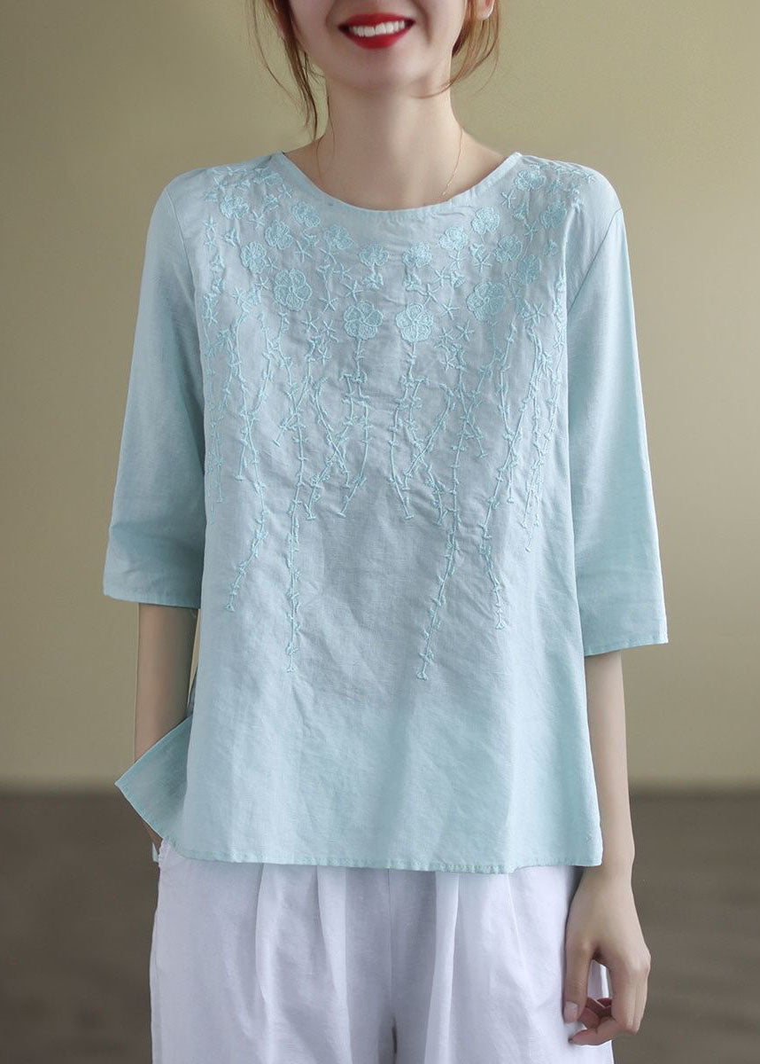 French Print2 O-neck Embroideried Cotton Blouses Half Sleeve