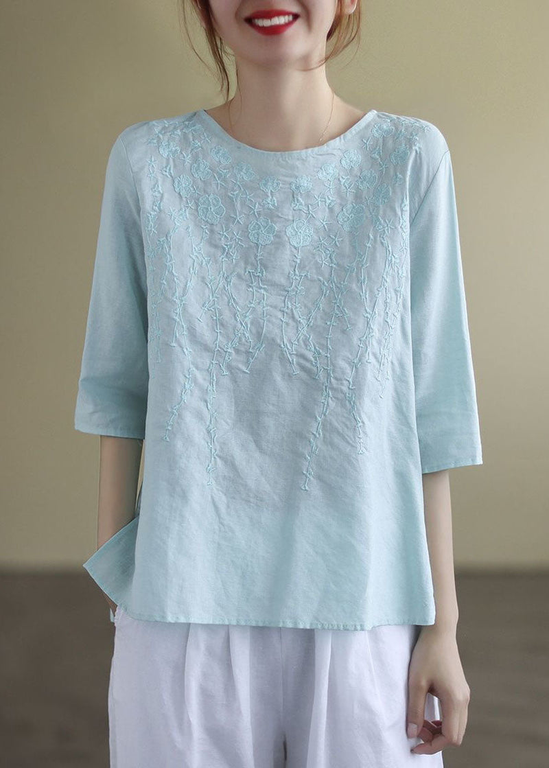 French Print1 O-neck Embroideried Cotton Blouses Half Sleeve