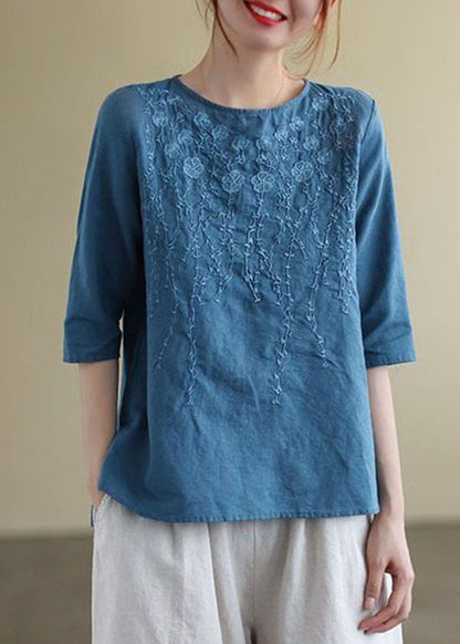 French Navy O-neck Embroideried Cotton Blouses Half Sleeve