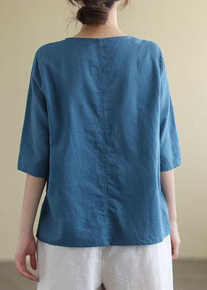 French Print3 O-neck Embroideried Cotton Blouses Half Sleeve