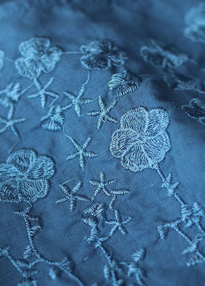 French Navy O-neck Embroideried Cotton Blouses Half Sleeve