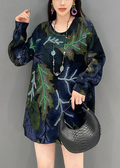 French Navy O-neck Print Knit Sweaters Long Sleeve