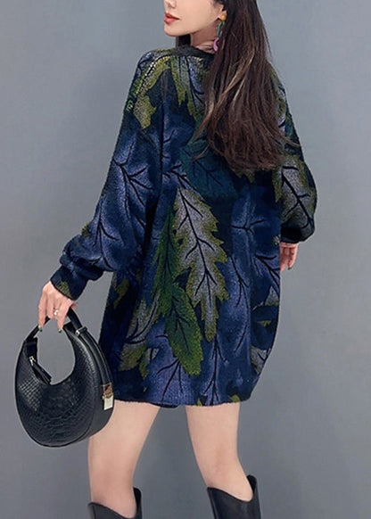 French Navy O-neck Print Knit Sweaters Long Sleeve