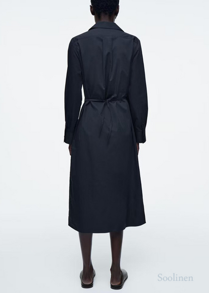 French Navy Oversized Double Breast Cotton Shirt Dresses Fall
