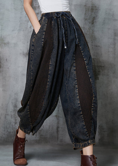 French Navy Oversized Patchwork Denim Pants Spring