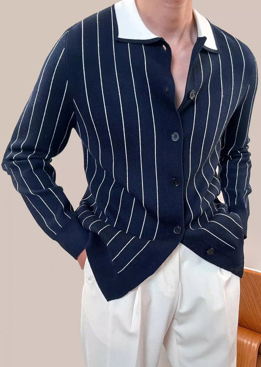 French Navy Peter Pan Collar Striped Button Knit Cardigan Winter