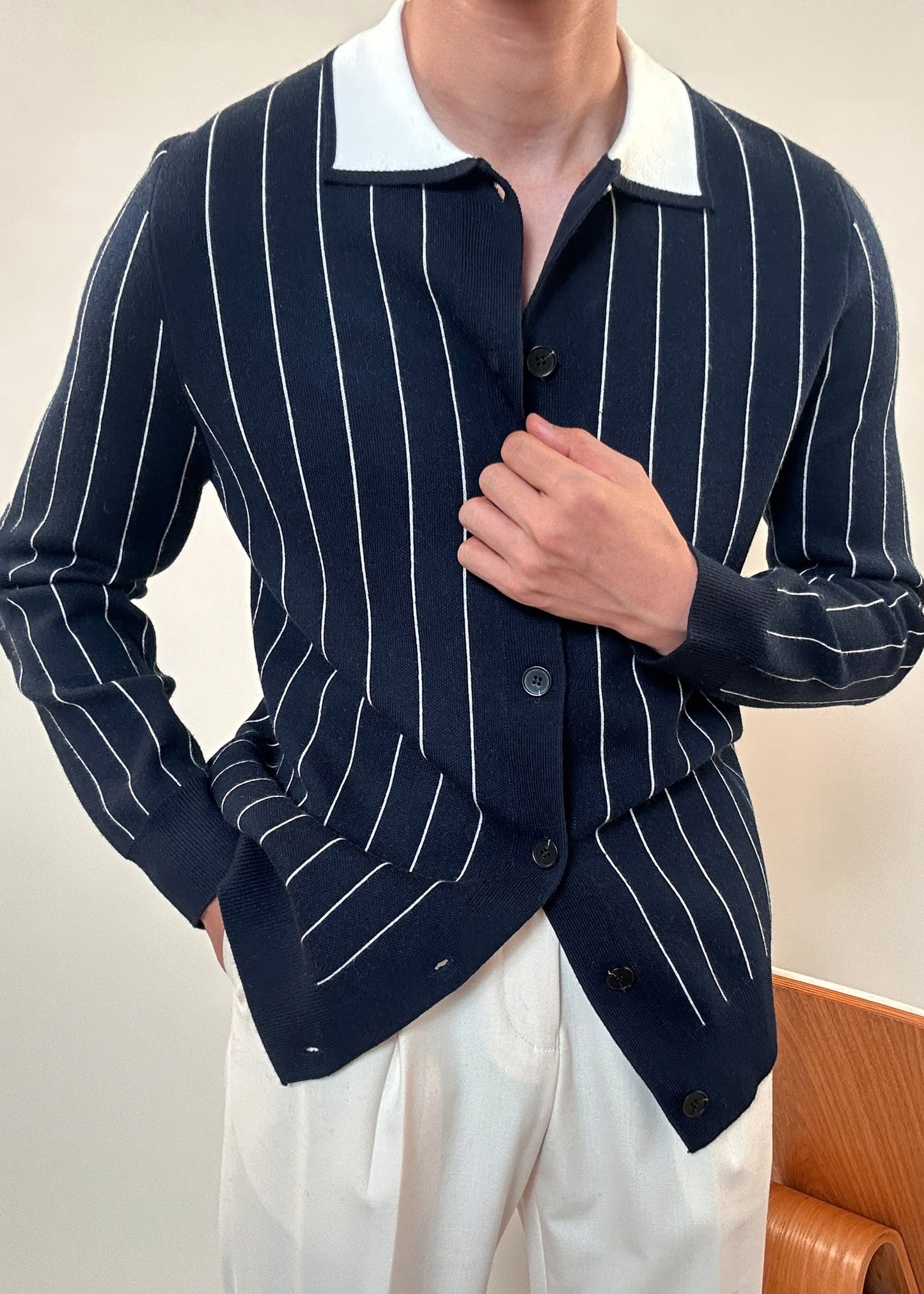 French Navy Peter Pan Collar Striped Button Knit Cardigan Winter