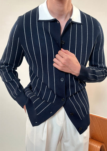 French Navy Peter Pan Collar Striped Button Knit Cardigan Winter