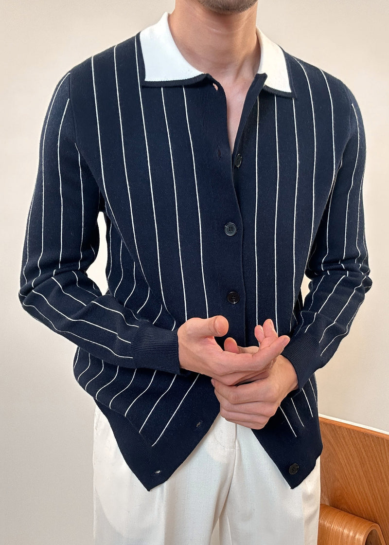French Navy Peter Pan Collar Striped Button Knit Cardigan Winter