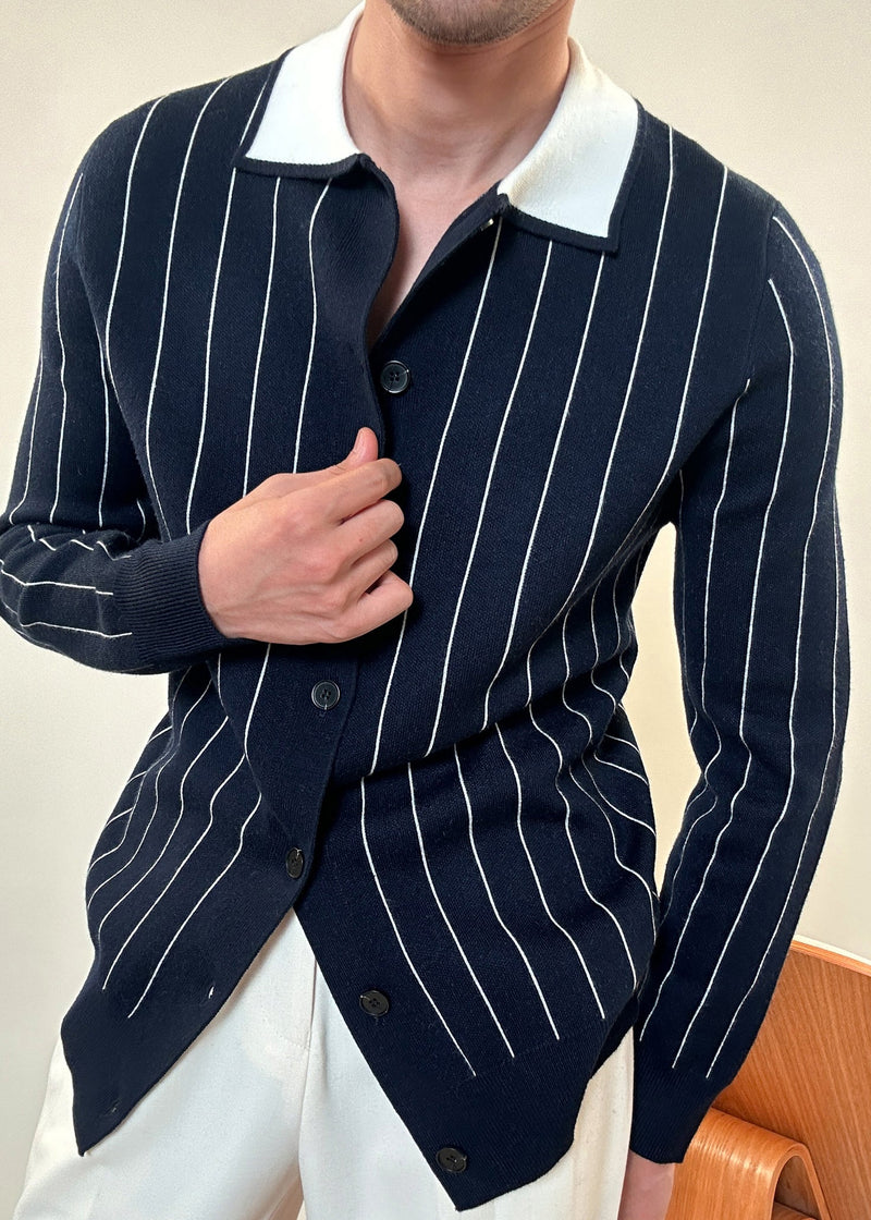 French Navy Peter Pan Collar Striped Button Knit Cardigan Winter