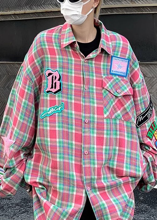 French Navy Plaid Pockets Cotton Shirt Spring