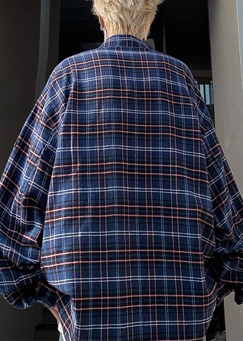 French Navy Plaid Pockets Cotton Shirt Spring
