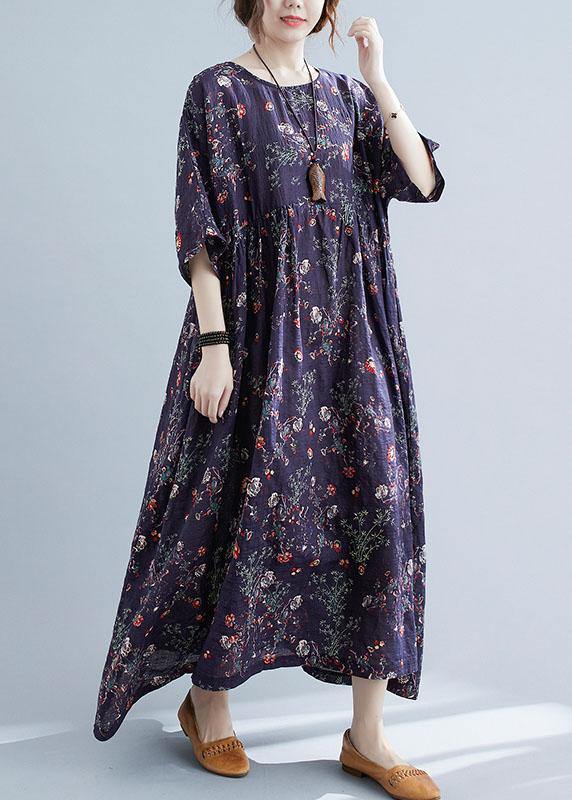 French Navy Print Pockets Loose Summer Half Sleeve Long Dress