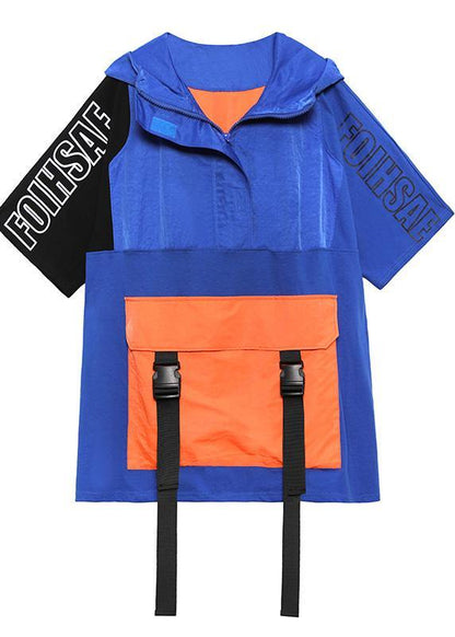 French Navy Spring Hooded Patchwork Tops Half Sleeve