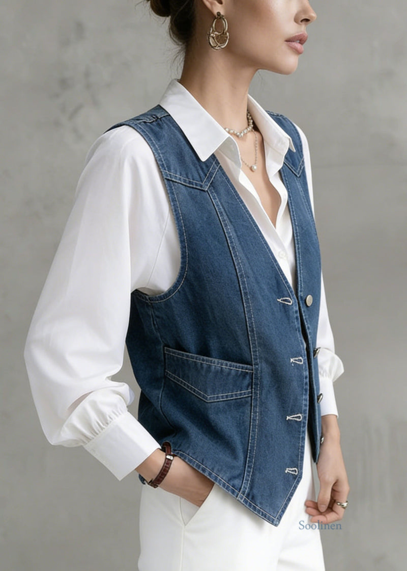 French Navy V Neck Patchwork Denim Vest Sleeveless