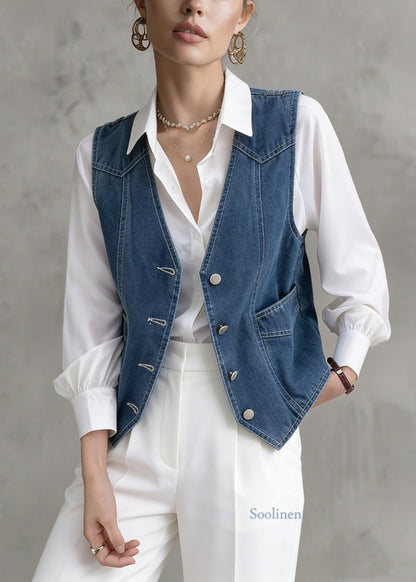 French Navy V Neck Patchwork Denim Vest Sleeveless