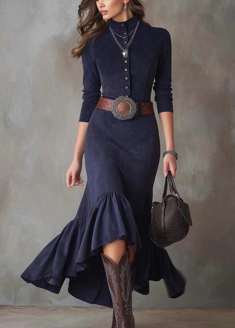 French Navy Wrinkled Button Faux Suede Long Dress Spring
