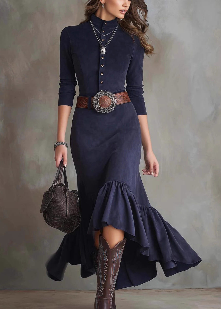 French Navy Wrinkled Button Faux Suede Long Dress Spring