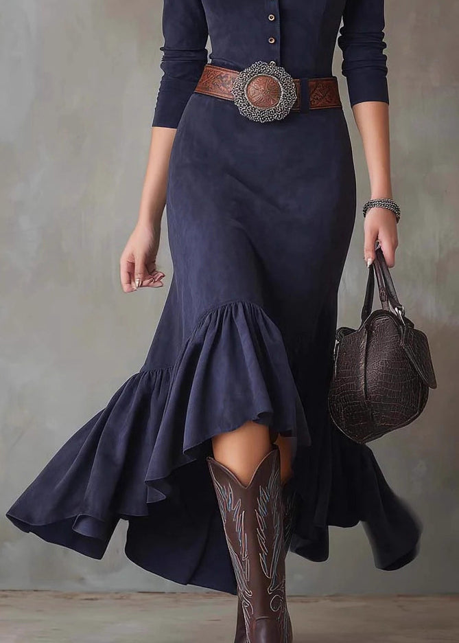 French Navy Wrinkled Button Faux Suede Long Dress Spring