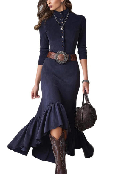 French Navy Wrinkled Button Faux Suede Long Dress Spring