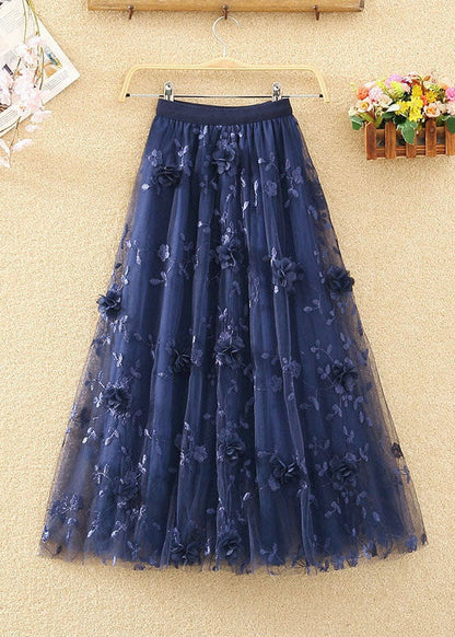 French Navy Wrinkled Embroideried Decorated Tulle Skirts Spring