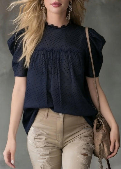 French Navy Wrinkled Cotton Blouses Puff Sleeve