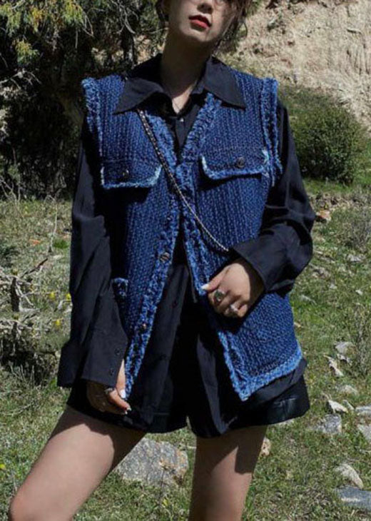 French Navy Retro V Neck Denim Pockets Fall Vest
