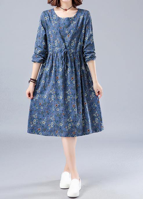 French O Neck Drawstring Spring Dresses Wardrobes Blue Print Dress
