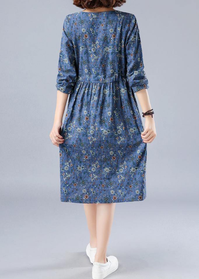 French O Neck Drawstring Spring Dresses Wardrobes Blue Print Dress