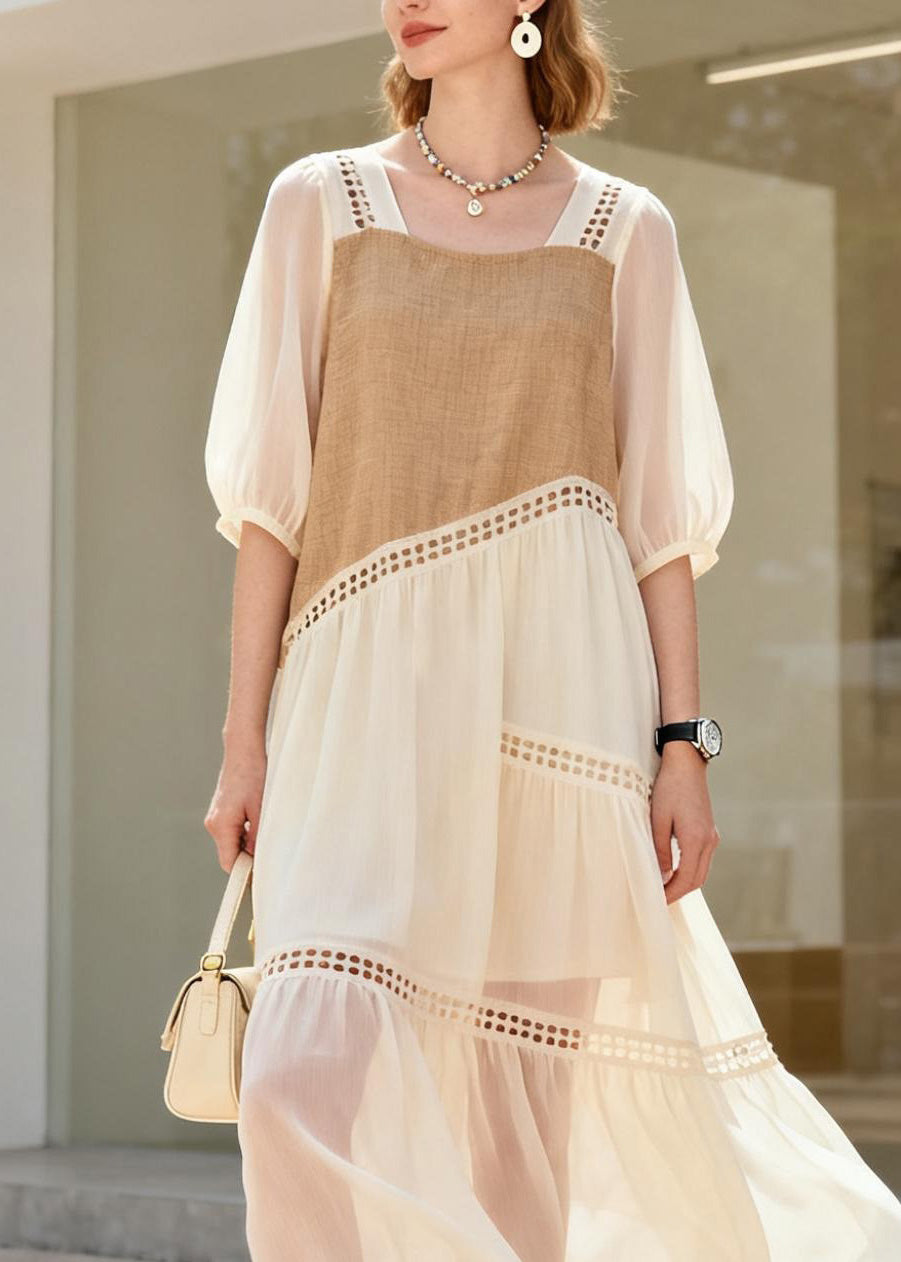 French O Neck Hollow Out Patchwork Cotton Dress Summer