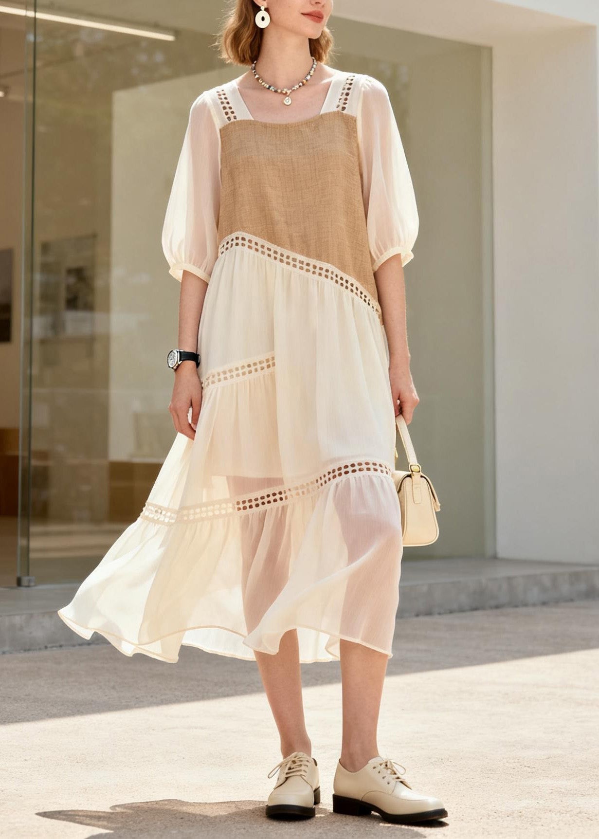 French O Neck Hollow Out Patchwork Cotton Dress Summer