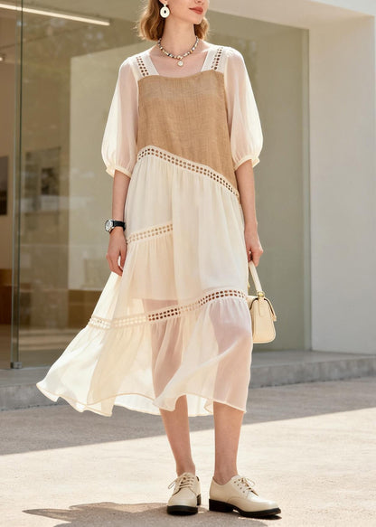 French O Neck Hollow Out Patchwork Cotton Dress Summer