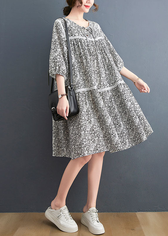 French O-neck Lace Patchwork Print Cotton Mid Dress Three Quarter Sleeve