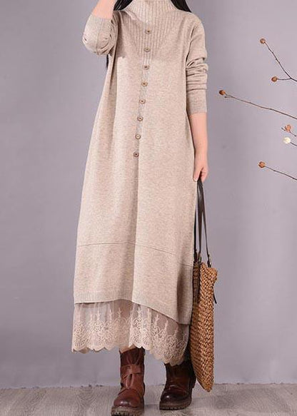 French O Neck Patchwork Lace Spring Clothes for Sewing Beige Robe Dresses