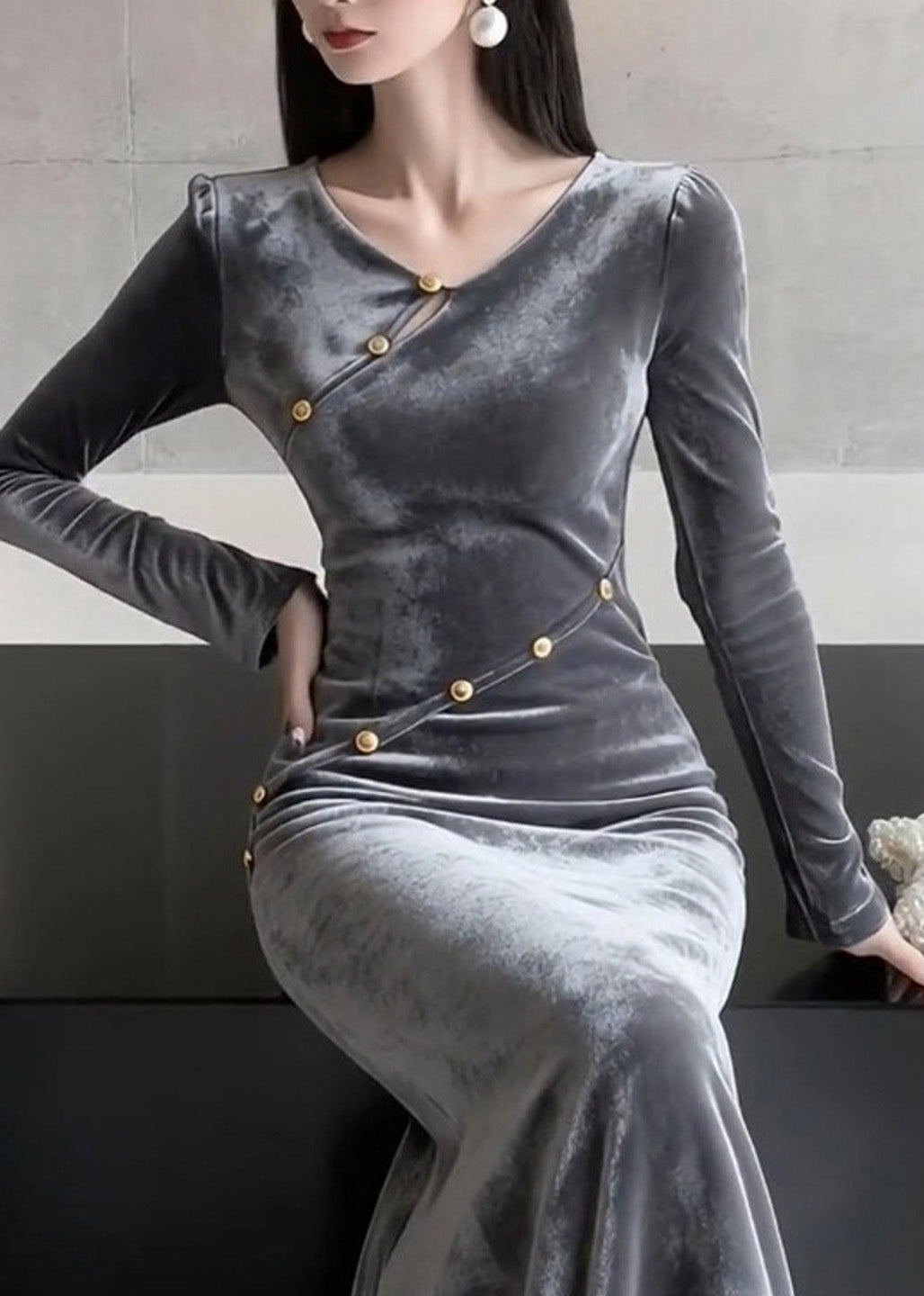 French O Neck Patchwork Slim Fit Velvet Dress Spring