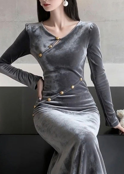 French O Neck Patchwork Slim Fit Velvet Dress Spring