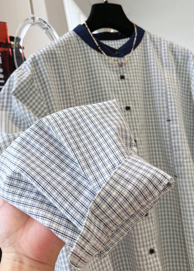 French O Neck Plaid Button Cotton Shirts Top Fall