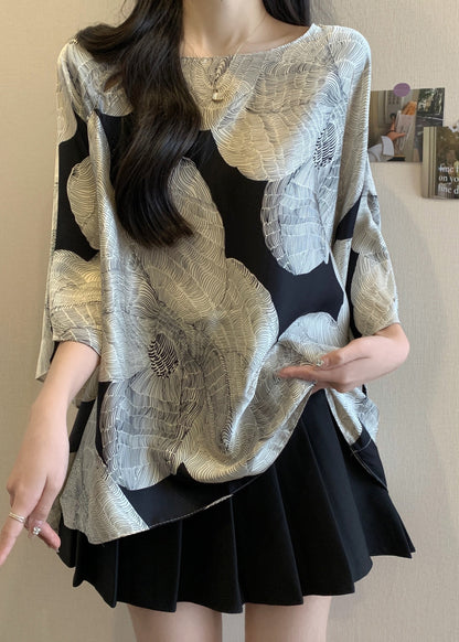 French O-neck Print Batwing Sleeve Shirt Top