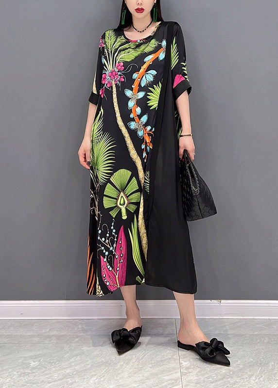 French O-neck Print Patchwork Tie Waist Chiffon Dresses Half Sleeve