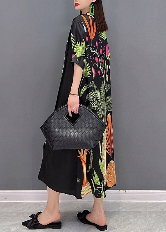 French O-neck Print Patchwork Tie Waist Chiffon Dresses Half Sleeve