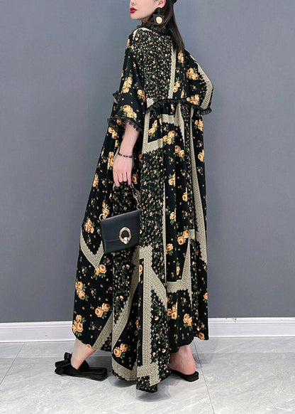 French O-neck Print Ruffled Patchwork Beach Long Dresses Half Sleeve