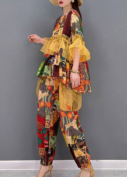 French O-neck Ruffled Tulle Patchwork Chiffon Tops and Pants Two Piece Set Summer