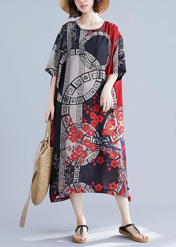 French O Neck Spring Tunics for Red Print Long Dress