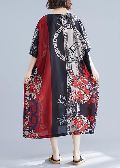 French O Neck Spring Tunics for Red Print Long Dress